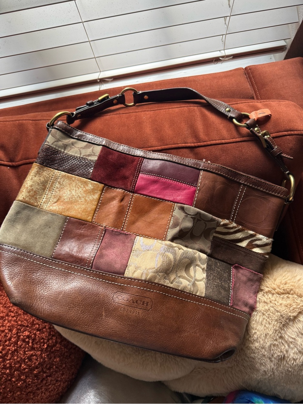 Coach Patchwork Shoulder Bag in Brown, Tan, Burgundy and Pink Accents HAS DAMAGE